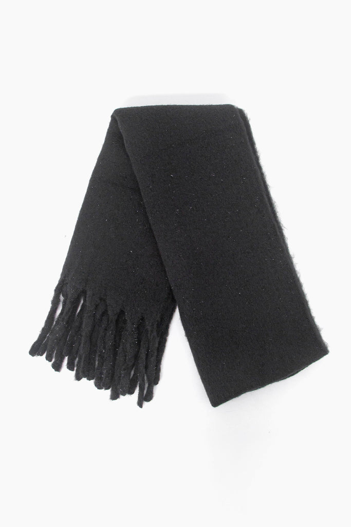 showing the scarf folded while laying flat, the black tone and sparkly silver tinsel fibre is shown