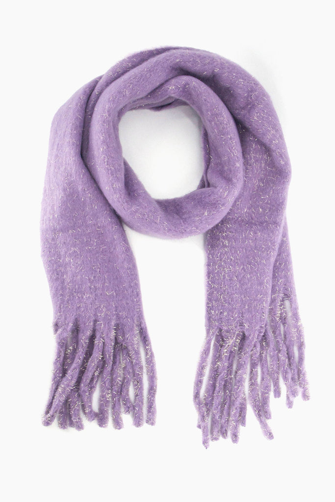 lilac knitted winter scarf with tassels, the scarf has a tinsel effect sparkly material