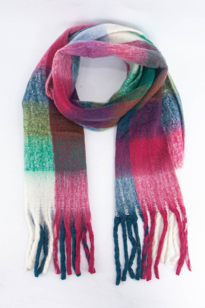 sara-heavyweight-scarf-teal-rainbow-small-check-tassels-colourful