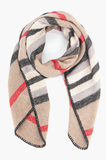 neutral cream scarf with pink and grey stripes, the scarf is heavyweight and has a stitched edge