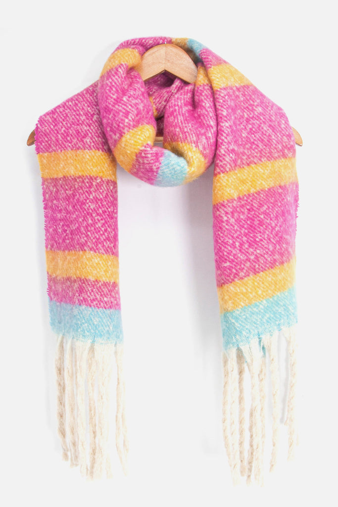 showing the fuchsia, yellow and blue striped winter scarf draped around a coat hanger, showing how it would look when worn