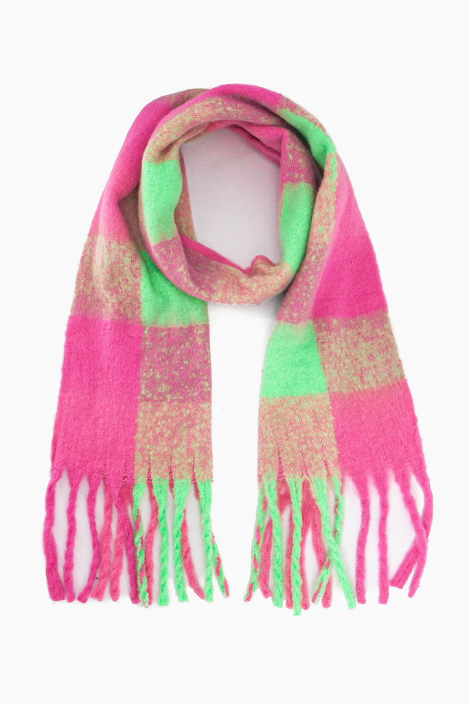 fuchsia pink and neon green check pattern winter scarf with tassels