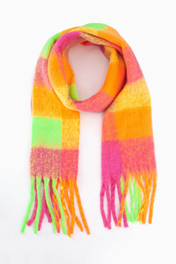 fuchsia pink, orange, yellow and neon green check pattern winter scarf with tassels