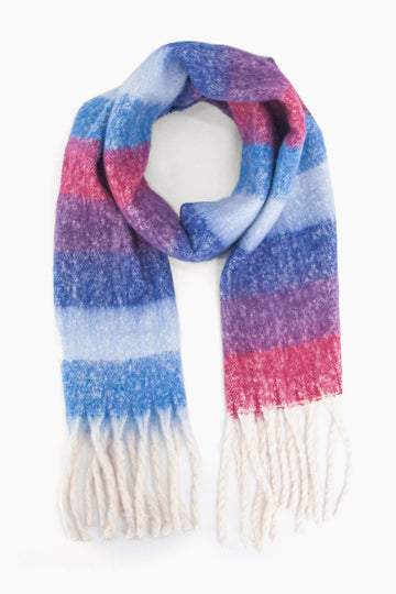 blue, pink and purple rainbow striped scarf with a white tassel trim