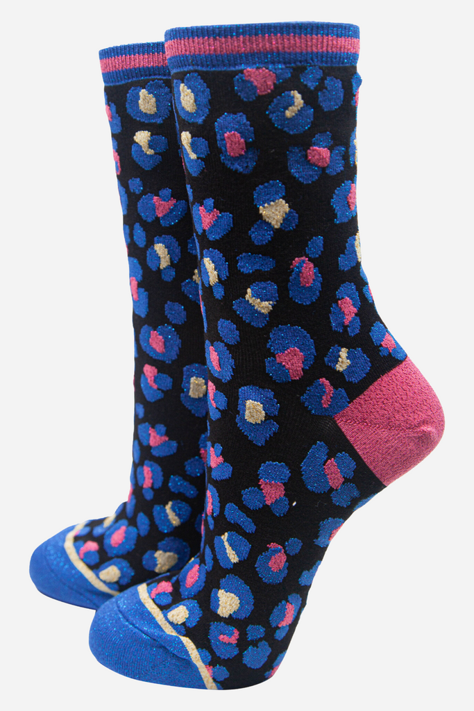 blue and pink leopard print socks with an all over blue glitter sparkle