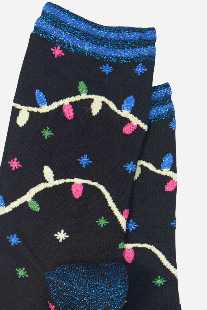close up of the blue glitter trim and xmas light pattern
