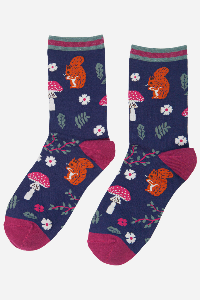 red squirrel and toadstool socks in blue