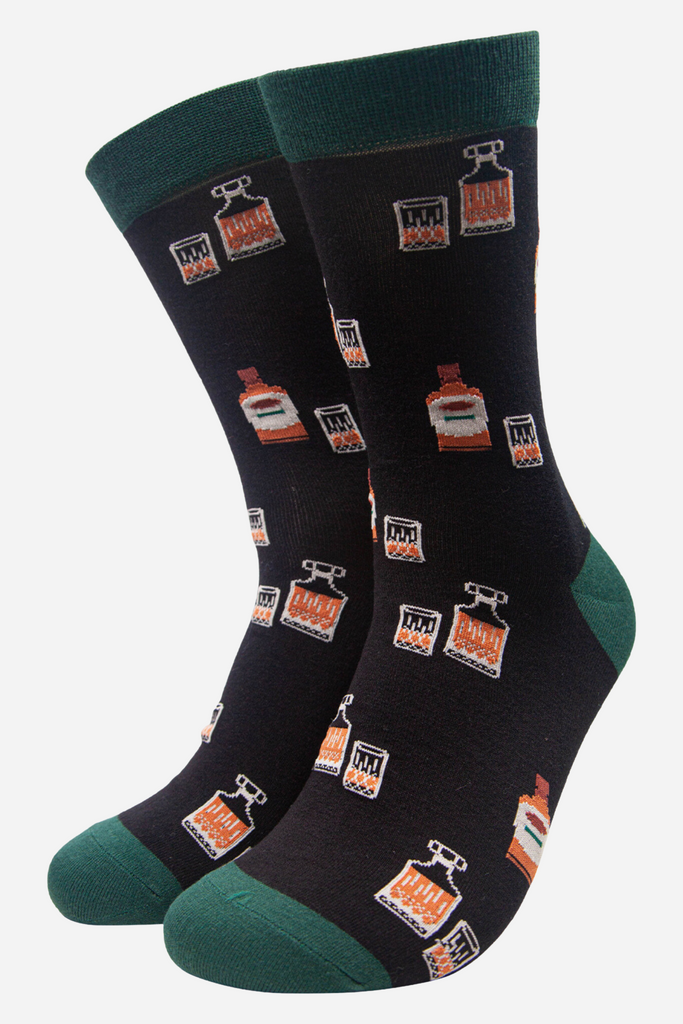 black bamboo dress socks featuring whisky glasses and decanters