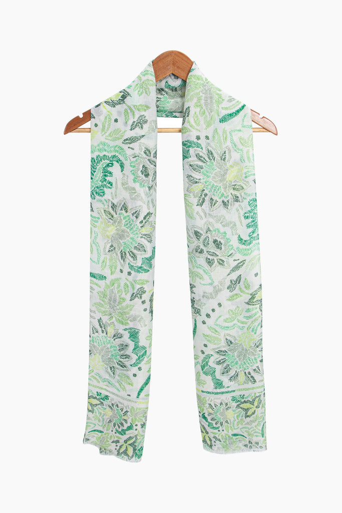 murphy-lightweight-scarf-green-paisley-floral-draped-around-a-coat-hanger