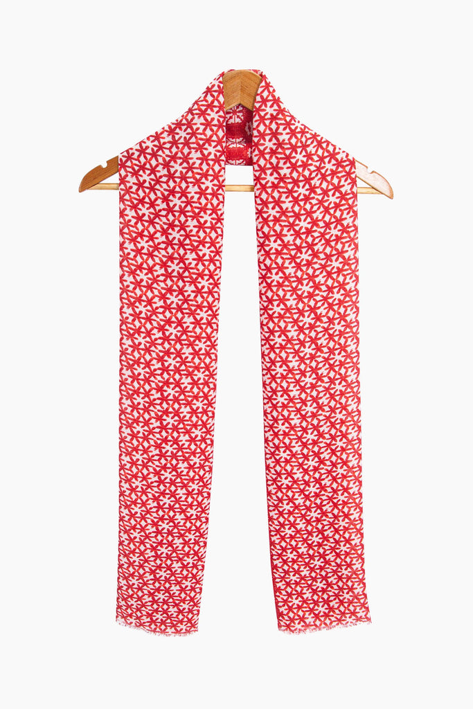 marcie-lightweight-scarf-red-floral-mosaic-draped-on-coat-hanger