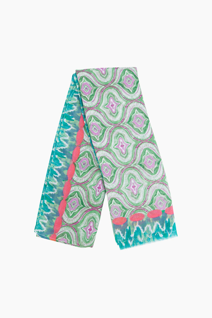 bree-lightweight-scarf-green-pink-moroccan-tiles-folded-showing-dotted-border-pink