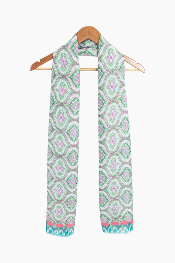 bree-lightweight-scarf-green-pink-moroccan-tiles-draped-around-coat-hanger