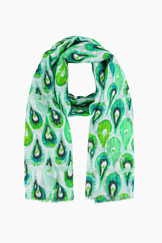 adler-lightweight-scarf-green-gold-teardrop-laying-flat-lime-bold-pattern