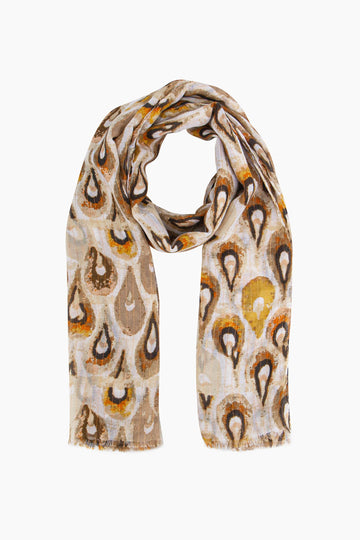 adler-lightweight-scarf-orange-gold-teardrop-laying-flat-beige-bold-pattern