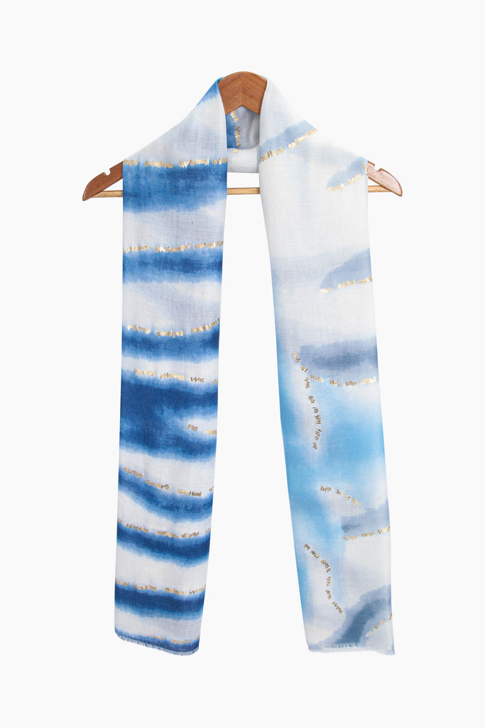 river-lightweight-scarf-blue-gold-metallic-stripe-draped-on-coat-hanger