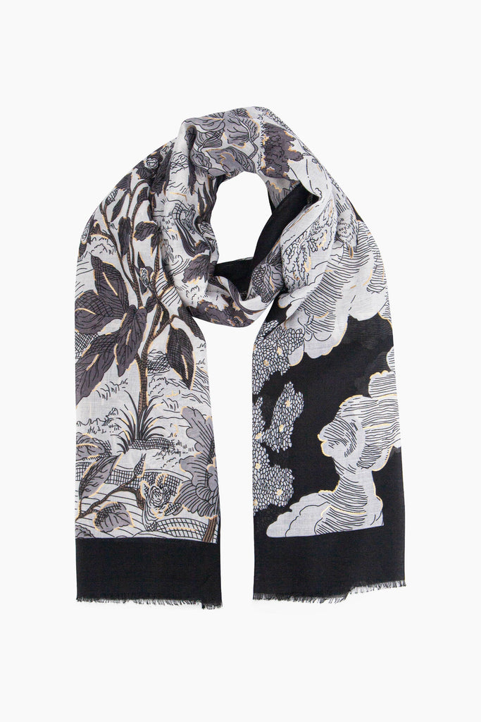 emery-lightweight-scarf-black-floral-print-botanical-leaves-flowers-bold-pattern