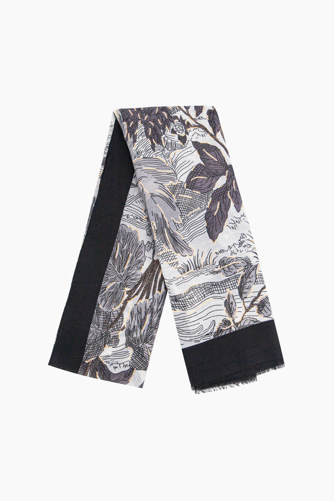 emery-lightweight-scarf-black-floral-print-folded-ornate-garden-botanic-pattern-bold-colourful