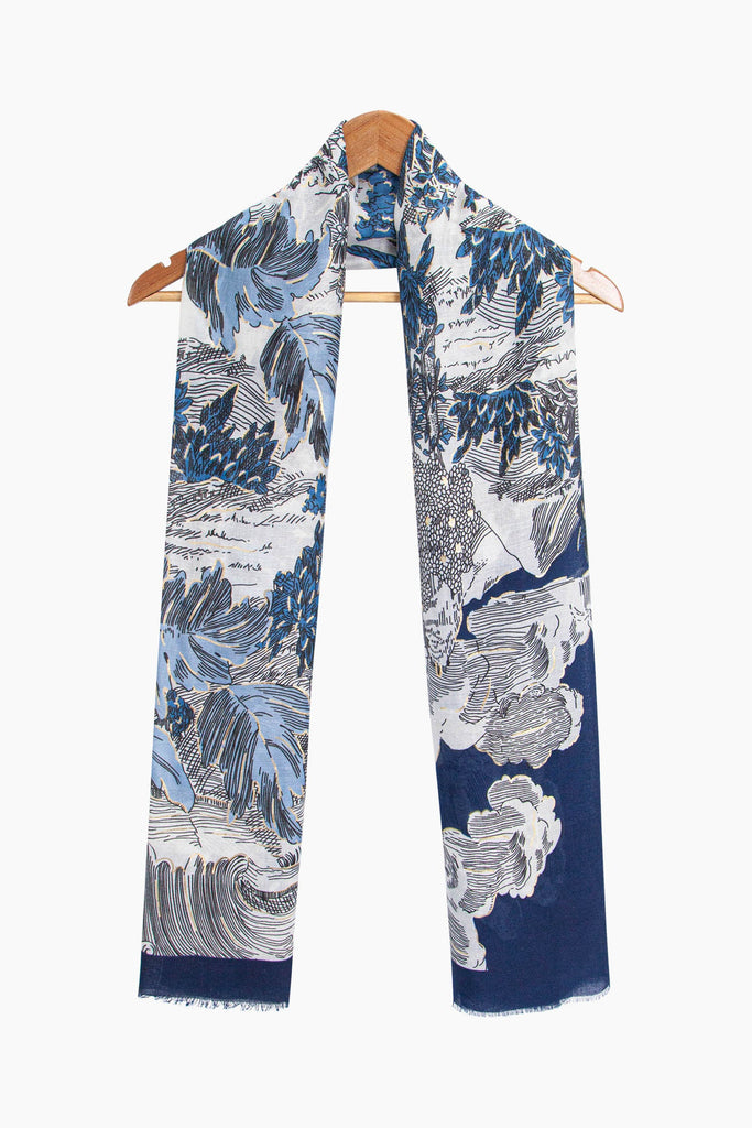 emery-lightweight-scarf-blue-floral-print-draped-around-coat-hanger