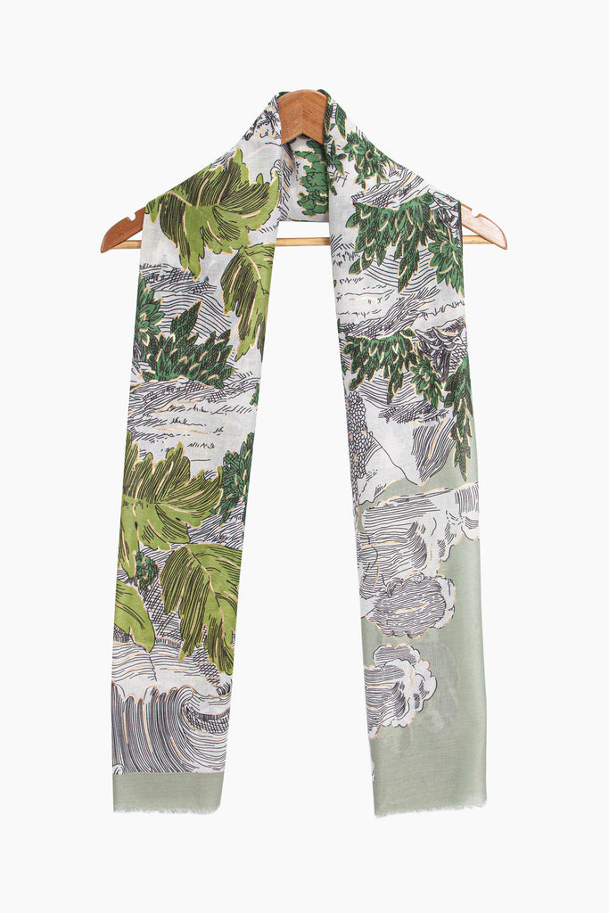 emery-lightweight-scarf-green-floral-print-draped-around-coat-hanger