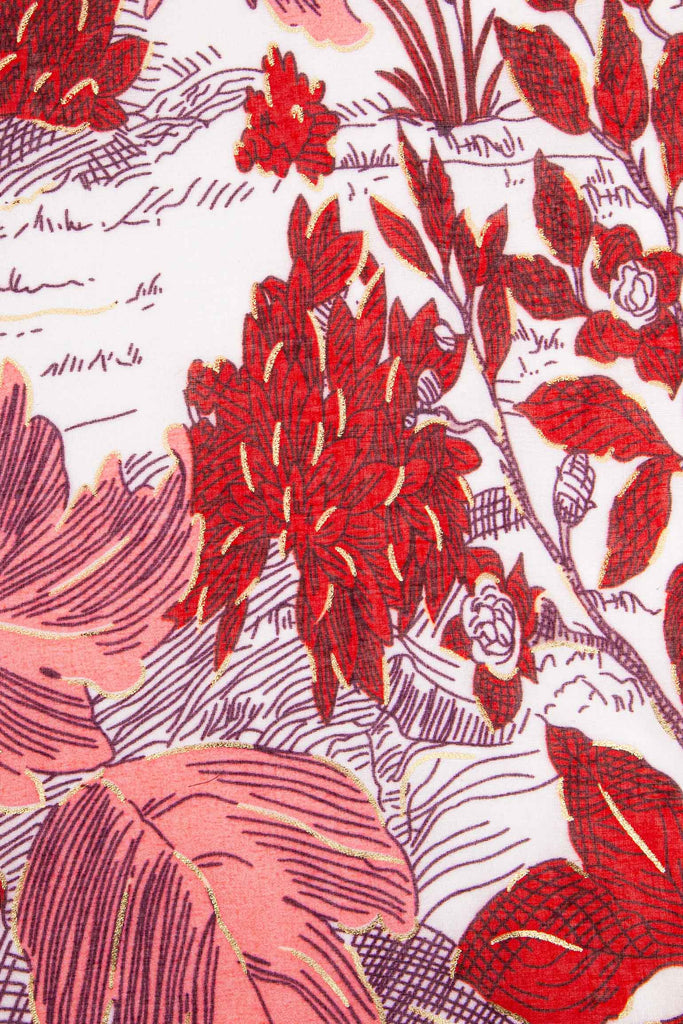 emery-lightweight-scarf-red-floral-print-close-up-botanical-leaves-garden-pattern