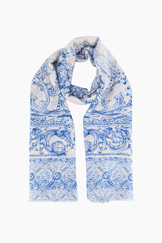 violet-lightweight-scarf-blue-vintage-floral-print-laying-flat