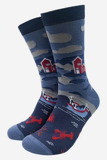 blue bamboo socks with a harbour scene featruing boats,  and red lobsters