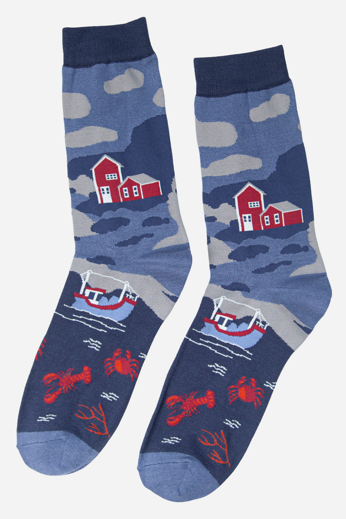 mens bamboo dress socks with lobsters, boats and an oceanscape scene