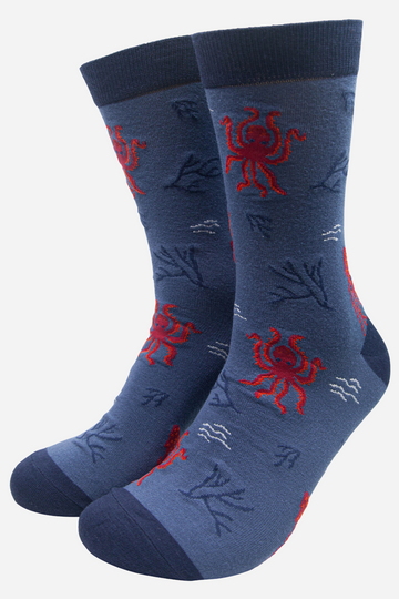 blue bamboo socks with red octopus all over