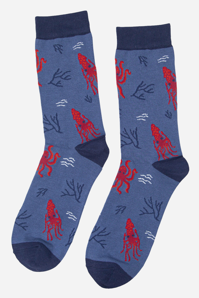 blue dress socks with a pattern of red octopus and seaweed