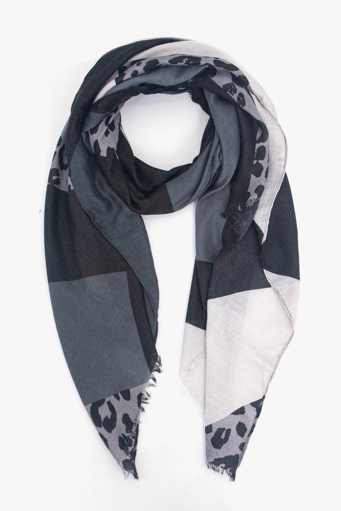 grey colour block and leopard print lightweight scarf