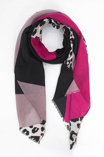 pink colour block and neutral leopard print lightweight scarf