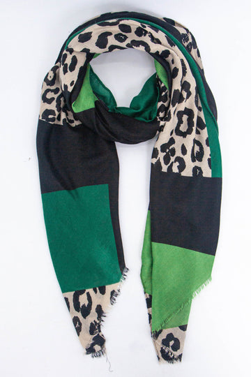 green colour block and neutral leopard print lightweight scarf