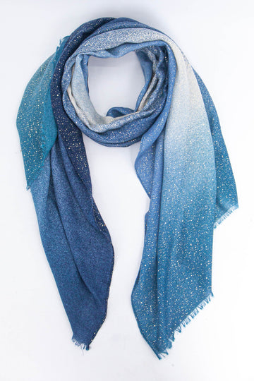 blue ombre lightweight scarf with an all over speckled foil pattern