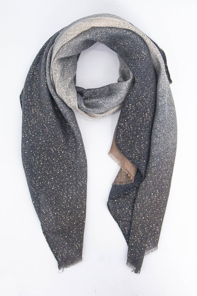 grey ombre lightweight scarf with an all over speckled foil pattern