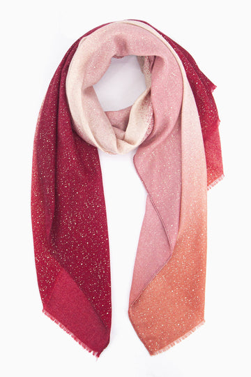 red and pink ombre lightweight scarf with an all over speckled foil pattern