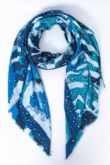 lightweight blue wavy geometric scarf with gold foil accents