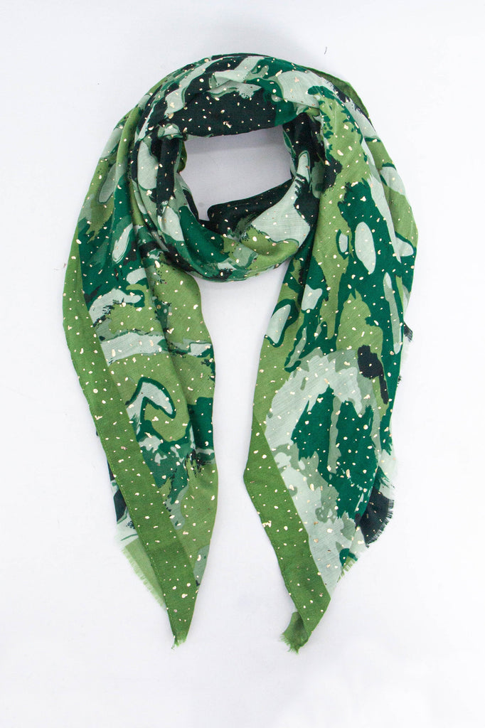 lightweight green wavy geometric scarf with gold foil accents