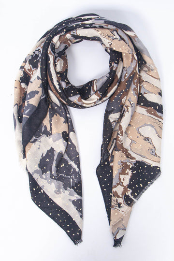 lightweight neutral and grey wavy geometric scarf with gold foil accents