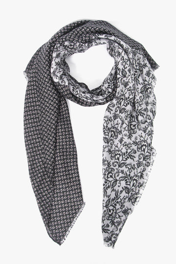 black and grey lightweight scarf with two contrasting indian floral print patterns