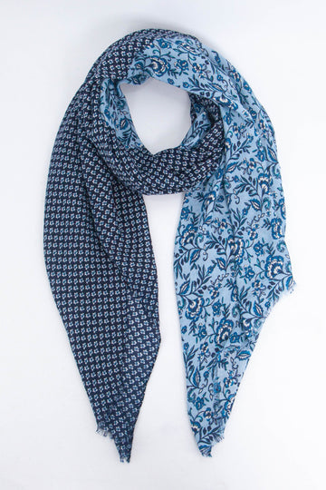 blue lightweight scarf with two contrasting indian floral print patterns