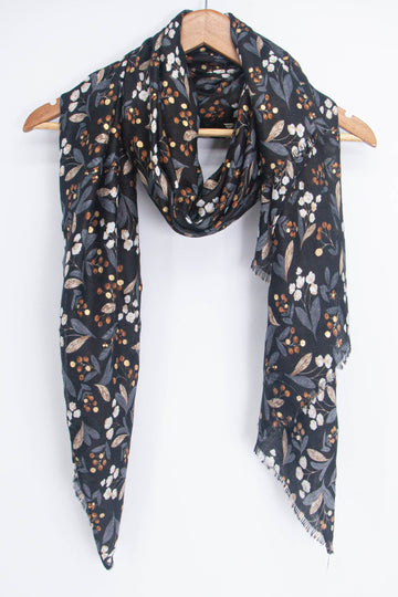 black floral and leaf print scarf with metallic gold foil accents 