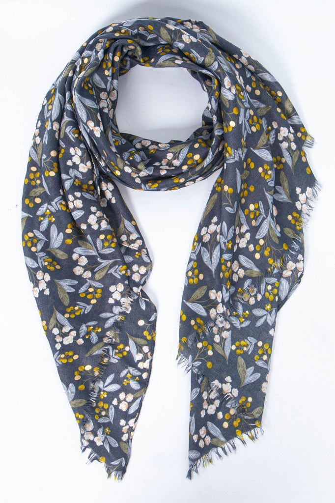 grey floral and leaf print scarf with metallic gold foil accents 