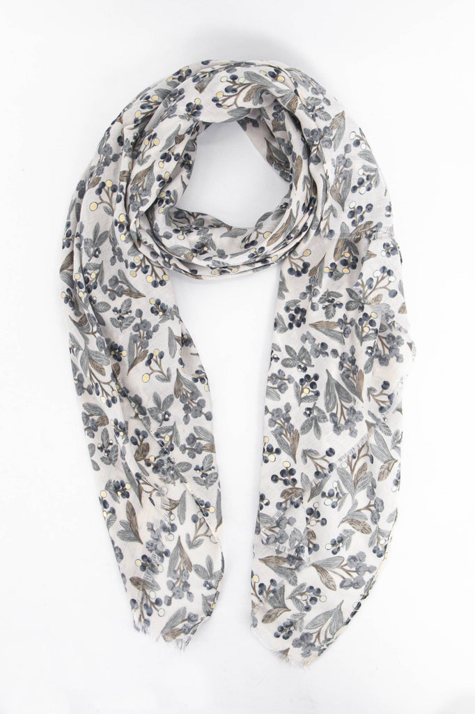 white and grey floral and leaf print scarf with metallic gold foil accents 