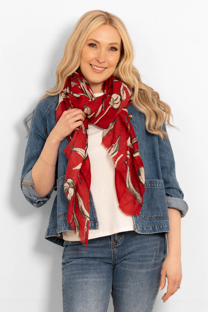 ashley-lightweight-scarf-red-large-floral-worn-on-model