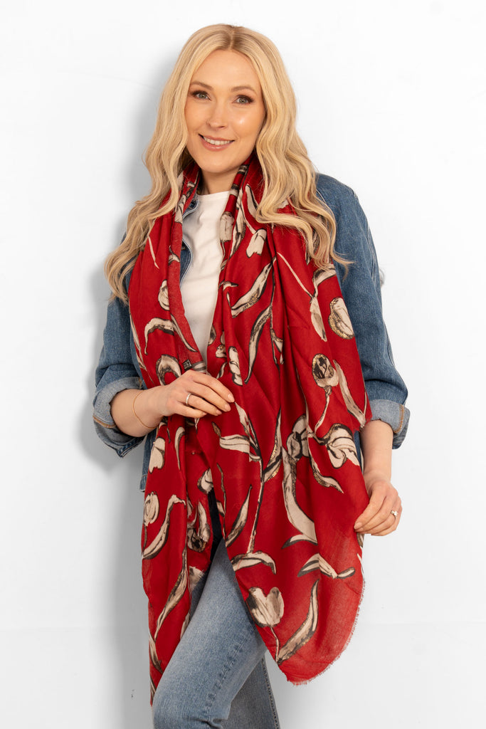 ashley-lightweight-scarf-red-large-floral-draped-around-neck-full-pattern