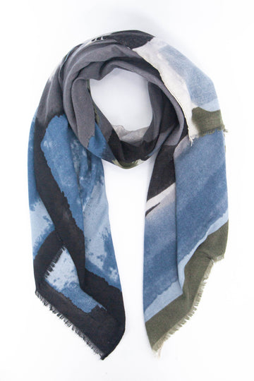 black, blue and khaki green watercolour pattern lightweight scarf