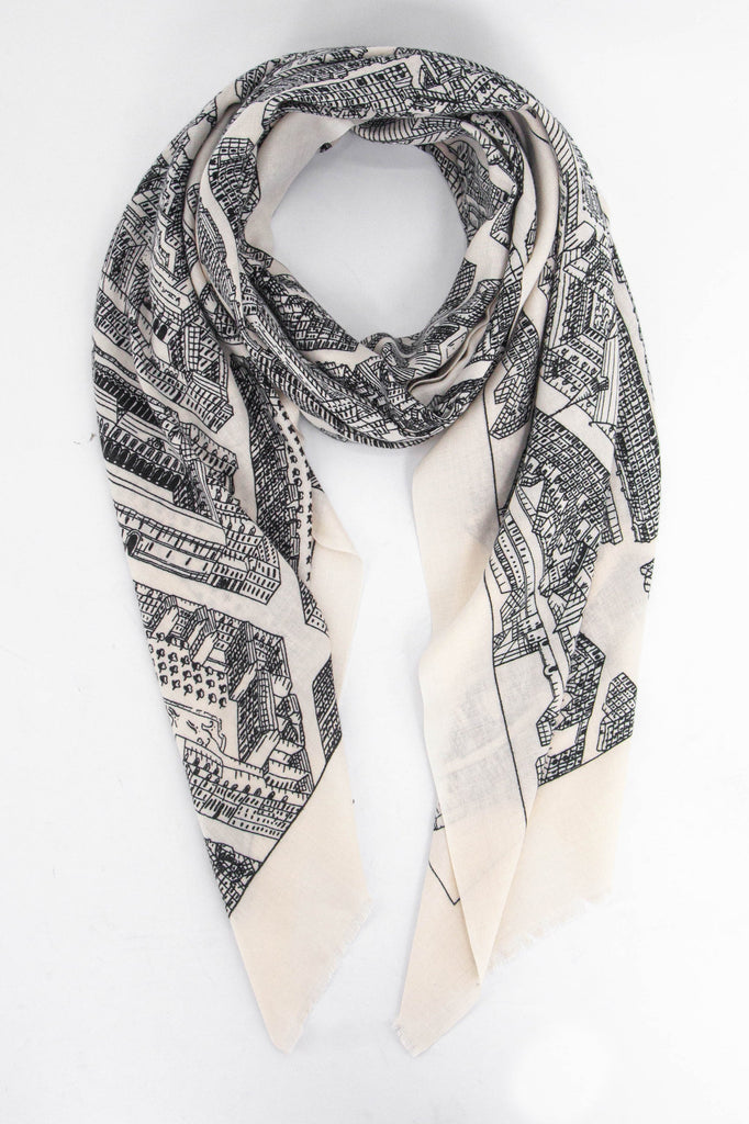 white scarf with a contrasting black sketched architectural street map of paris