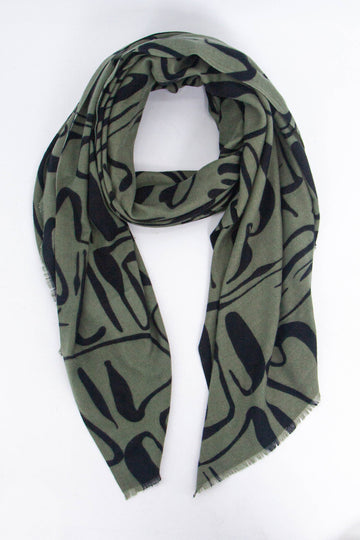 khaki green scarf with a contrasting black abstract print pattern all over