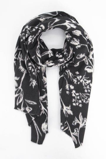 black midweight winter scarf with a white vintage floral pattern all over