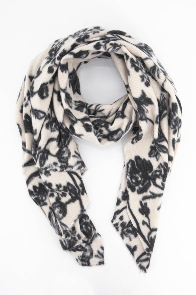 cream midweight winter scarf with a black vintage floral pattern all over